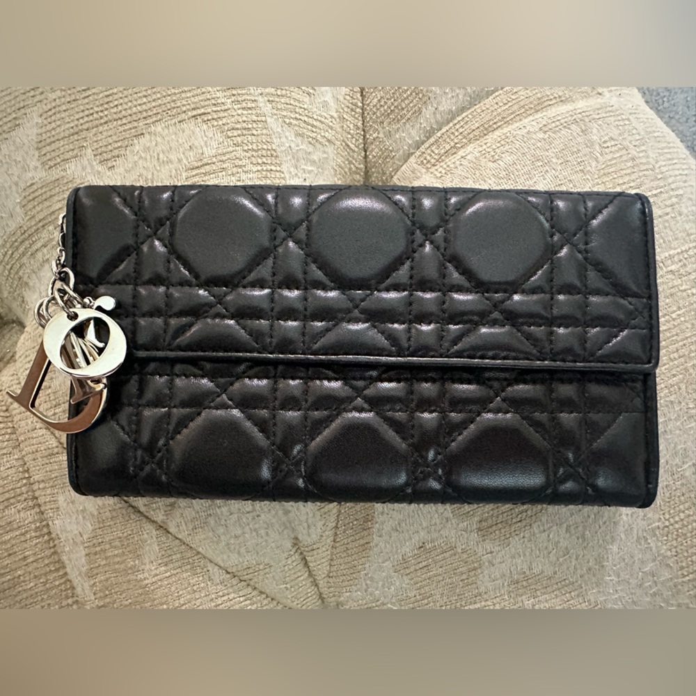 Lady Dior Cannage Black Quilted Leather Continental Wallet w Silver DIOR Charm